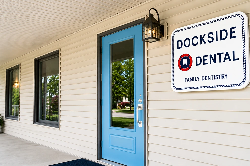 The blue front door and sign at Dockside Dental Family Dentistry